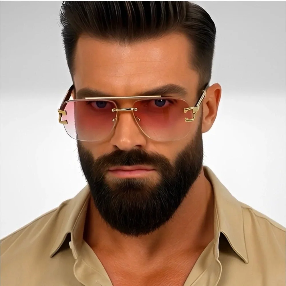 Mens Rimless Pink Gradient Sunglasses Sophisticated Wood Grain Pilot Classy 2026